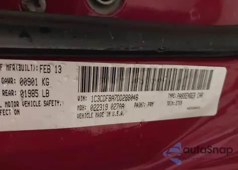 2013 Dodge Dart Sxt из США, поврежденный, VIN 1C3CDFBA7DD288046